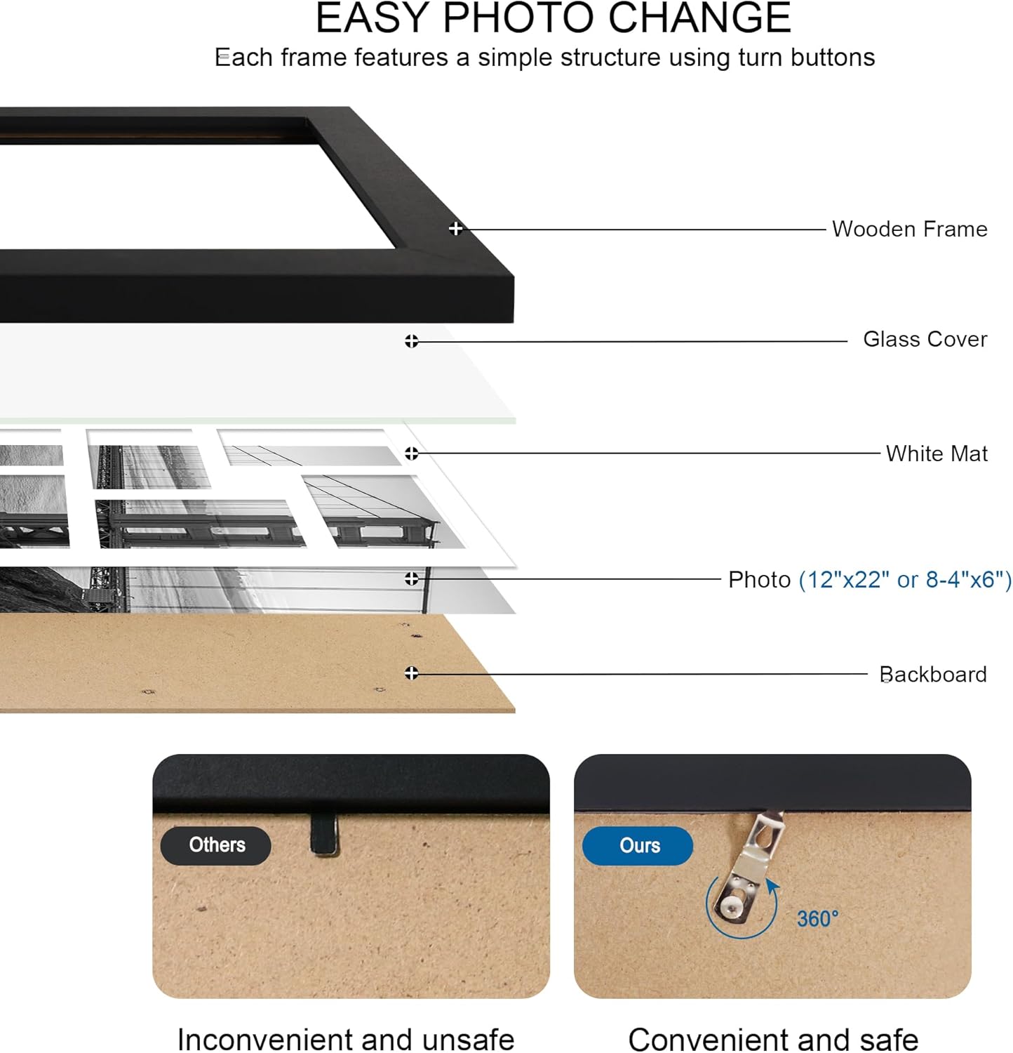 12x22 Picture Frame Set of 2, Black with Glass Collage Frame, Display Eight Opening 4x6 Photos With Mat or 12 x 22 Newspaper Without Mat - Horizontal or Vertical Wall Mounting