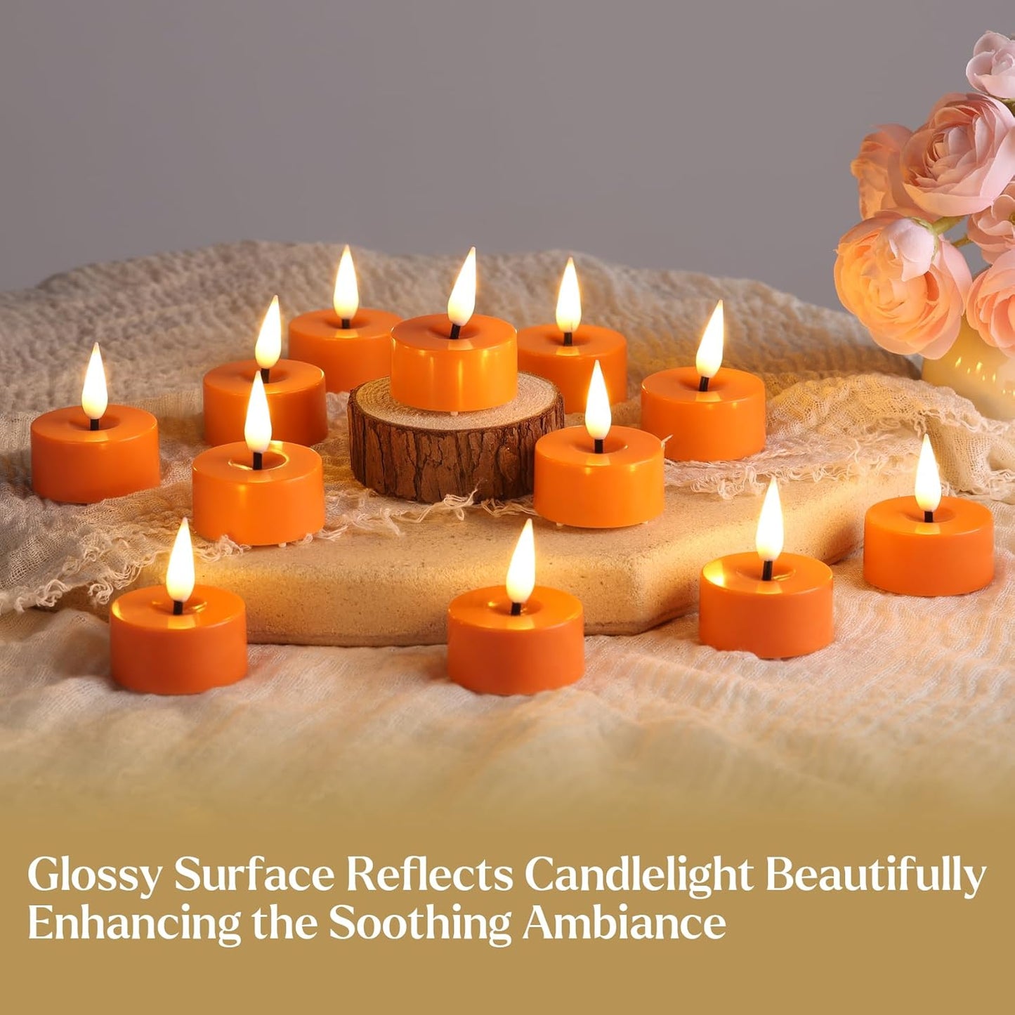 Eywamage Orange LED Tealights with Remote Batteries, Flickering Fall Halloween Flameless Tea Lights Votive Candles Set of 12