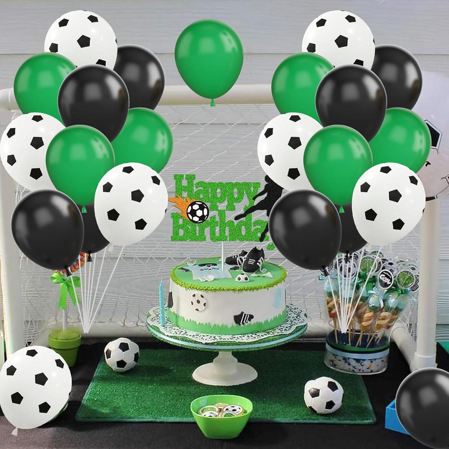 Football Balloons, 12 Inch Green Black White Latex Soccer Printed Balloons With Ribbons for Boys Football Party Sports Anniversary Baby Shower Decorations