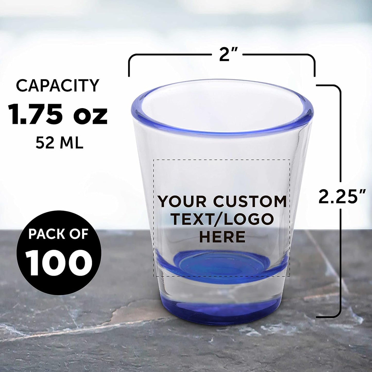 Custom Shot Glasses 1.75 oz. Set of 100, Personalized Bulk Pack - Great for Wedding Favors, Bachelorette Party Decorations, Party Fovors, Color Bottom - Blue