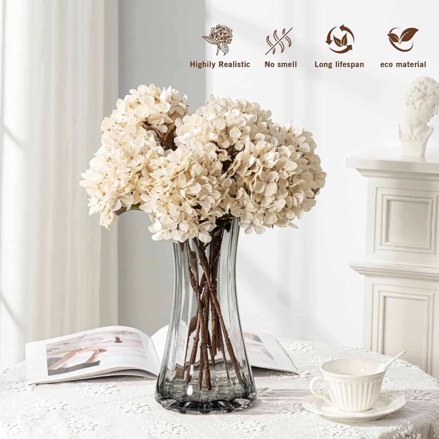 Artificial Flower Fake Silk Hydrangea Heads Bouquet with Stems Bulk for Fall Decoration Table Center Christmas Indoor Outdoor Faux Floral Realistic with Leaves Plants Crafts 8PCS(White)