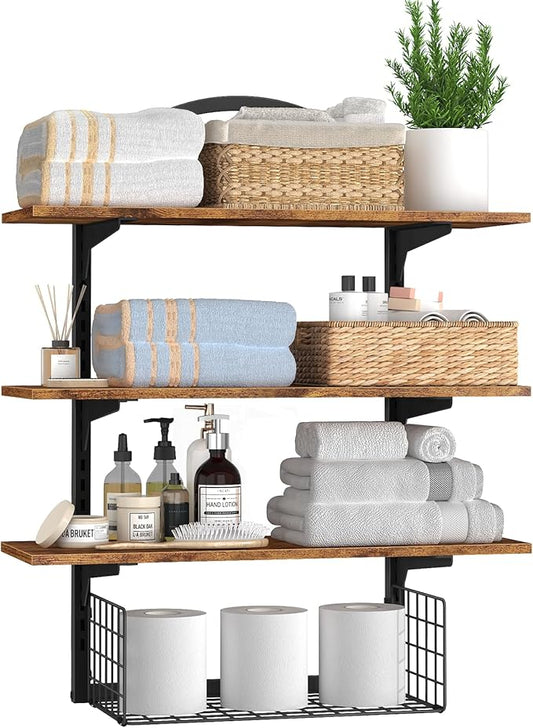 3 Tier Floating Shelf with Storage Baskets, Wall Mounted Bathroom Shelves Over by BCOZLUX