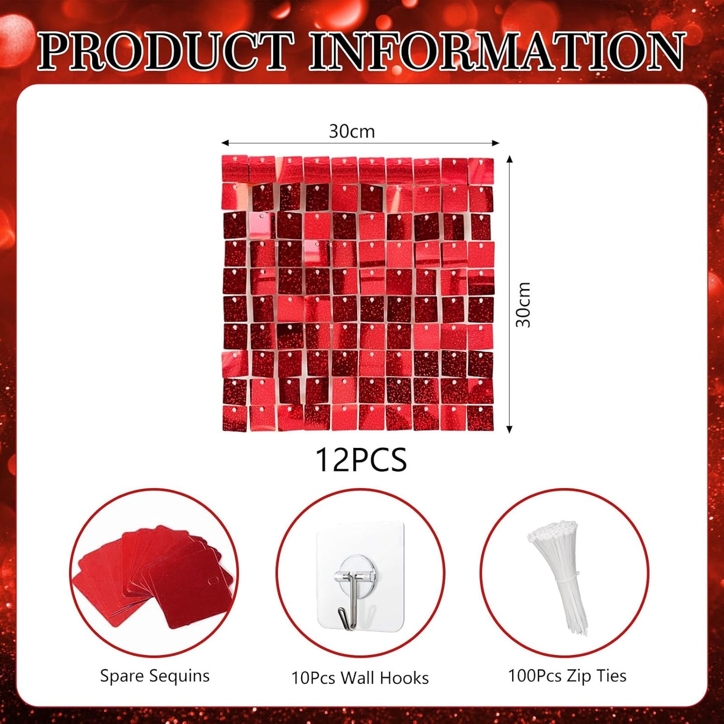 12PCS Red Shimmer Wall Backdrop, Laser Square Sequin Photo Backdrops Panel, Glitter Wall Background for Birthdays, Weddings, Christmas, Engagements, Disco Bachelorette Party Decoration (3FTx4FT)