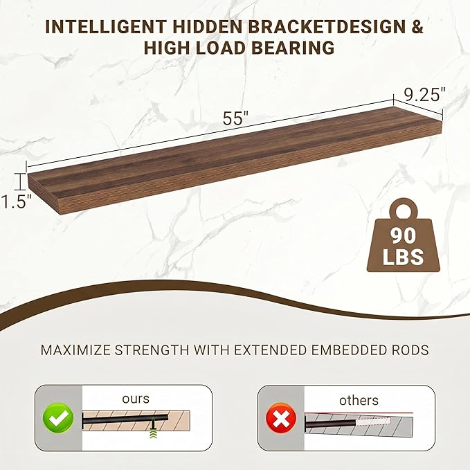 Acovy 55 Inch Floating Shelves, Wooden Shelves - Image 3