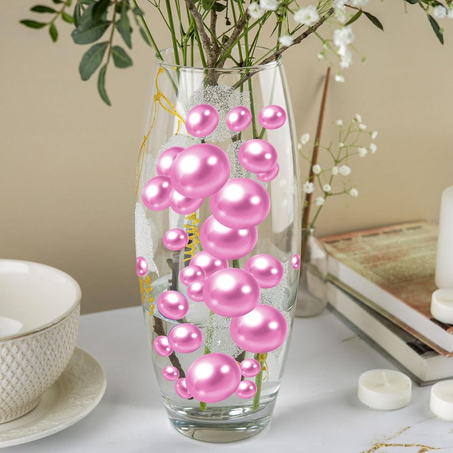 100PCS Dark Purple Faux Pearls Beads for Centerpiece Vases, Vase Filler Faux Pearls, No Holes Filler Beads for Party Anniversary Birthday Wedding Table Decor, 14/20/30mm