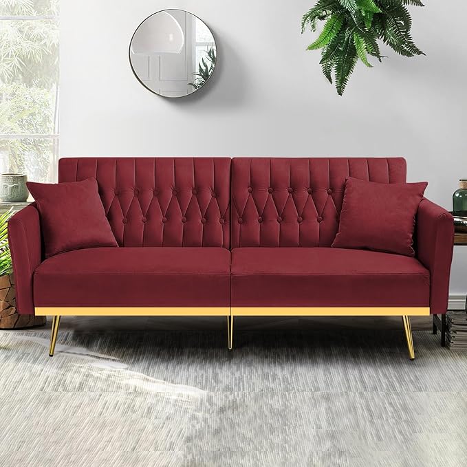 70” Velvet Futon Sofa Bed with 2 Pillows and Adjustable Armrests, Convertible - Image 2