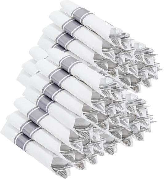 400PCS Pre Rolled Silver Plastic Silverware Sets - Heavy Duty Silver Cutlery - Include 100 Pack Wrapped Disposable Utensils with Napkins for Parties & Dinners & Weddings