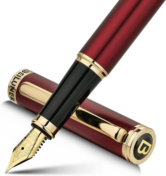 BEILUNER Red Fountain Pen,Stunning Luxury Pens with 24K Gold Finish, Gorgeous 24K Gilded Nib(Fine), Trustworthy Pen Gift for Men&Women -Ink Converter-Elegant,Graduation,Office,Nice Pen for Writing