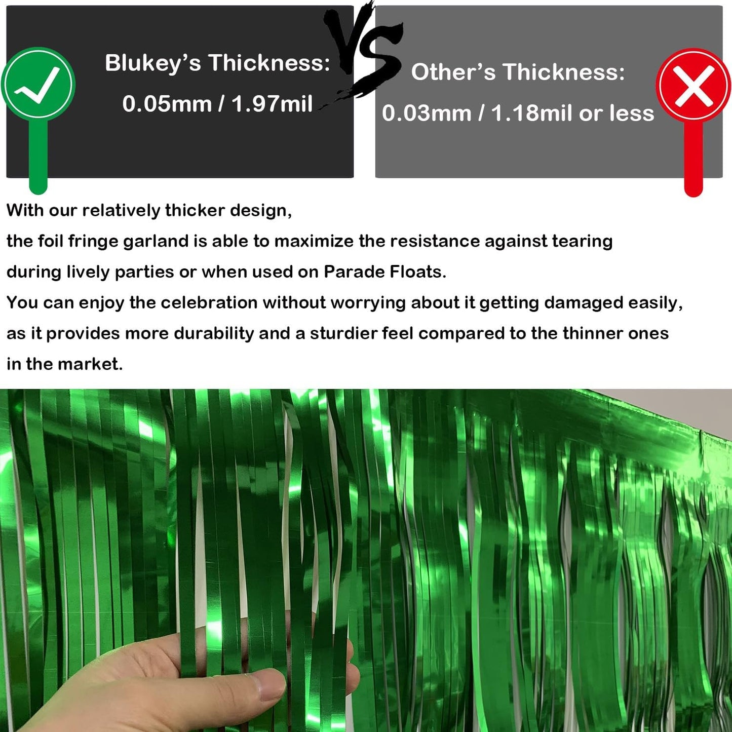 Thick 10 feet by 15 inches Green Foil Fringe Garland - Pack of 3 | Shiny Metallic Tassle Banner for Car Parade Floats, Wedding, Birthday | Wall Hanging Fringe Garland Banner (Green)