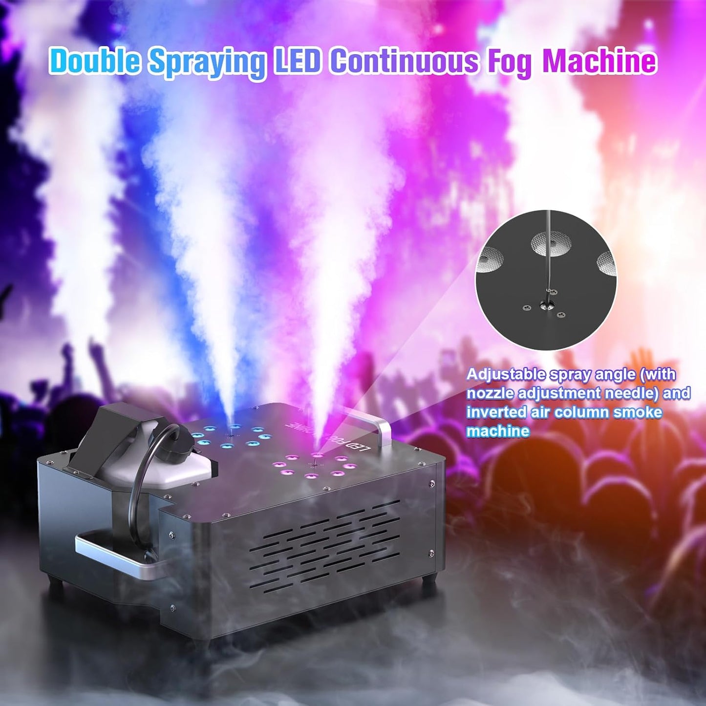 2000W Professional Fog Machine Dual Nozzle with 16 RGB LED, DMX Control Adjustable Smoke Direction, 2.5L Tank LCD Display 30000CFM for Halloween Christmas Stage DJ Party Club Events-4PC