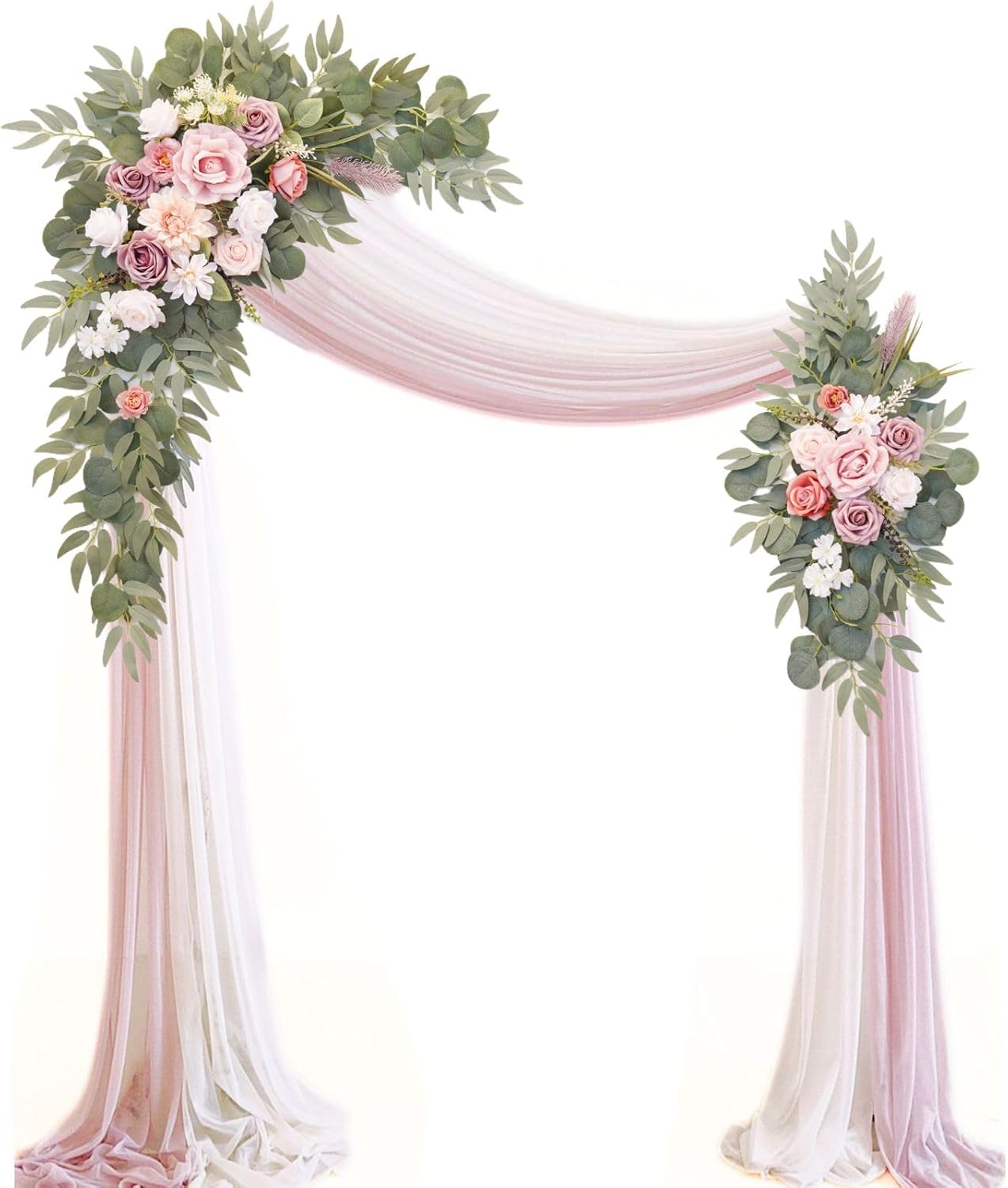 Artificial Wedding Arch Flowers Kit(Pack of 4),2Pcs Artificial Flower Arch Decor, 2Pcs Chiffon Fabric Drapes, Ceremony Decoration, Floral Outdoor Party Decor (Dusty Rose & Champagne)