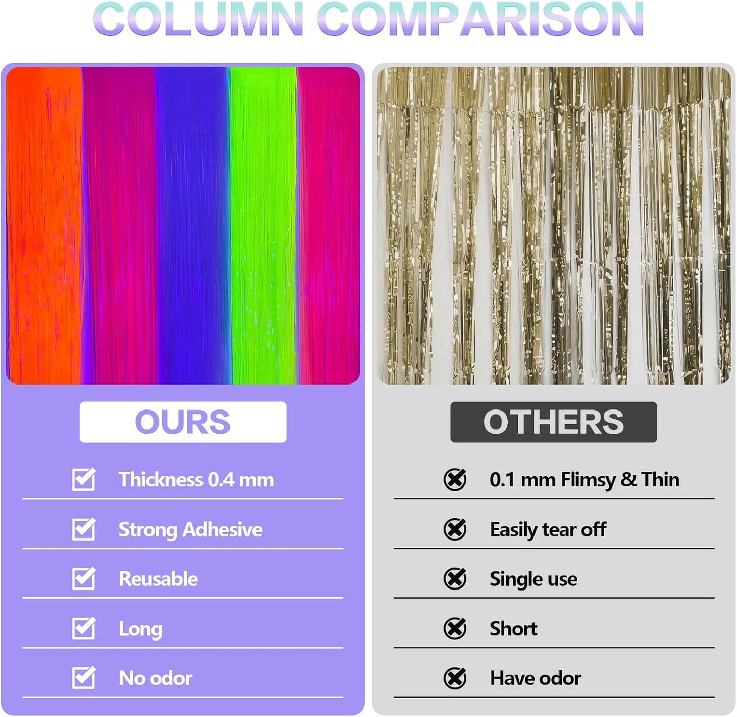 CANREVEL Glow in The Dark Party Supplies, 2 Pack 3.3x6.6 Feet Fluorescent Macaron Rainbow Foil Fringe Backdrop Curtains, Tinsel Streamers for Birthday Party Blacklight Decorations