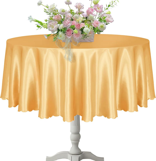 KKJIAF 1 Pack Round Table Cloths 90 Inch, Gold Overlay Round Satin Table Cover, Silky Satin Dining Tablecloths for Wedding Buffet Parties Banquet Decoration