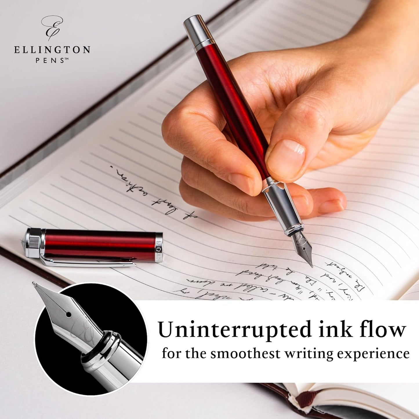 Ellington Pens Luxury Fountain Pen Set- Fountain Pens for Writing - Smooth Medium Nib - Includes Refillable Ink Converter, 3 Ink Cartridges [Black & Blue], Gift Box - Elegant Calligraphy