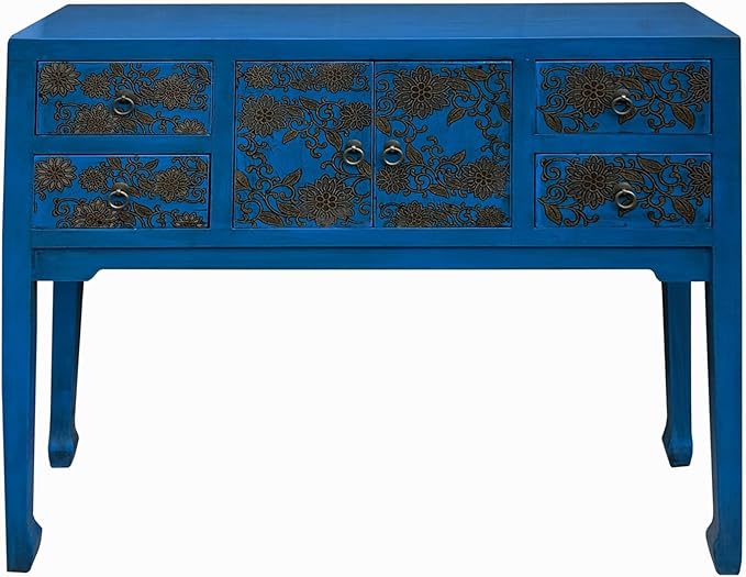Blue Lacquer Golden Flower Graphic Drawers Slim Foyer Side Table Acs7732 - Image 2