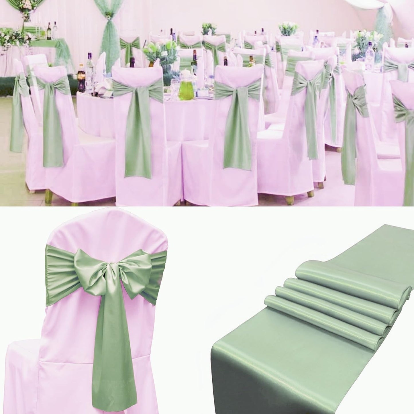 50 PCS Satin Chair Sashes Bows Decorative Universal Chair Cover Chair Ribbon Ties Back Sash for Wedding Party Ceremony Reception Hotel Event Banquet Restaurant Home Kitchen Decor(7x108inch,Sage Green)