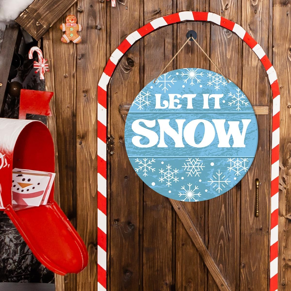 Muktoujaumai Winter Sign Front Door Decor, Christmas Round Hanging Sign Decor Snowflake Xmas Holiday Wall Decorations Winter Wood Sign for Door, Porch, Home, Let It Snow