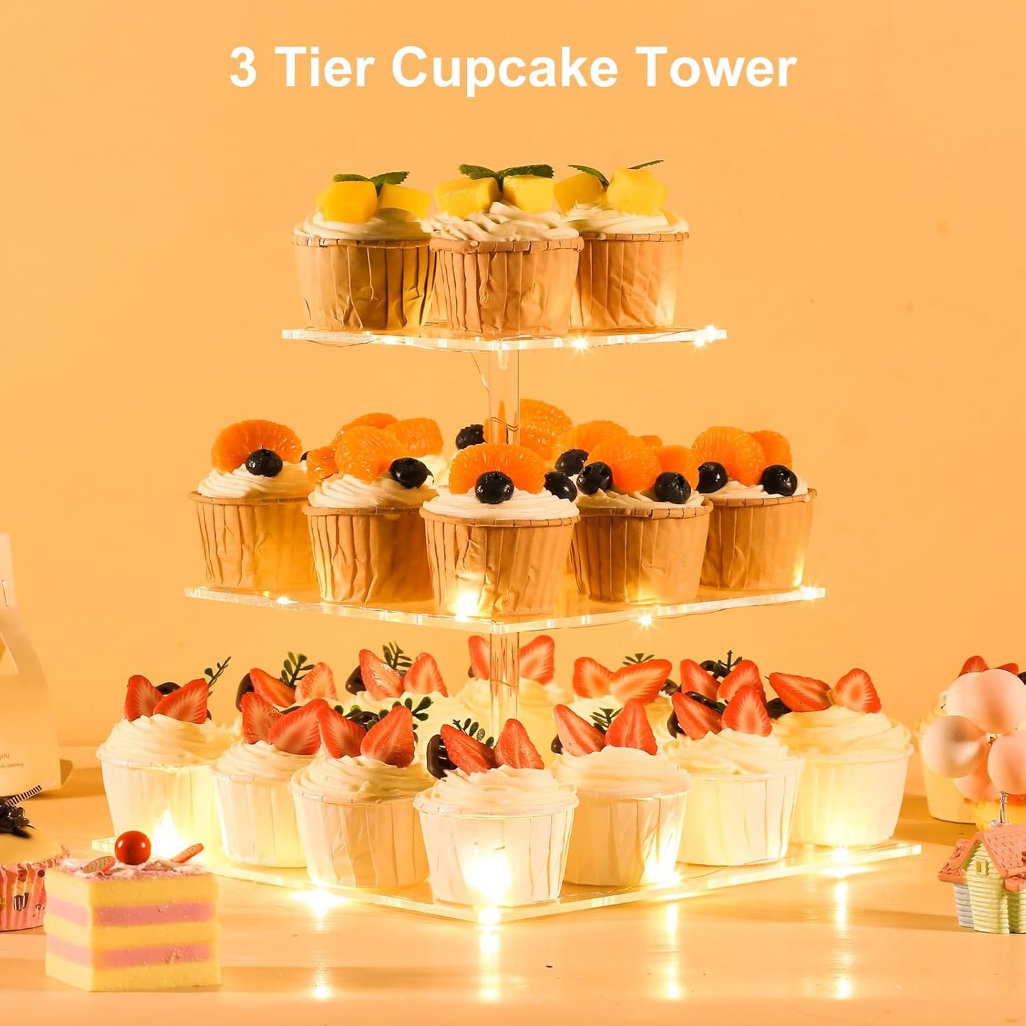 3 Tier Cupcake Stand Cupcake Holder, Acrylic Cupcake Tower with LED Yellow Light for 24 Cupcakes, Dessert Table Display Set for Birthday, Bar, Decor Weddings, Parties Events