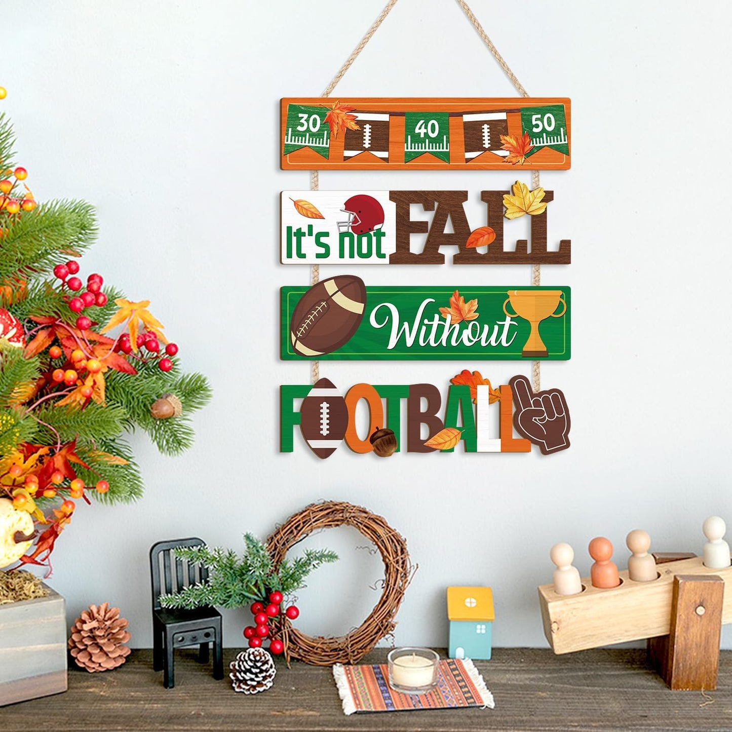 CHDITB It's Not Fall without Football Front Door Sign(15"x12"), Wooden Fall Football Season Decoration Wall Hanging, Vintage Hello Welcome Fall Autumn Home Decor Hanger for Porch Indoor