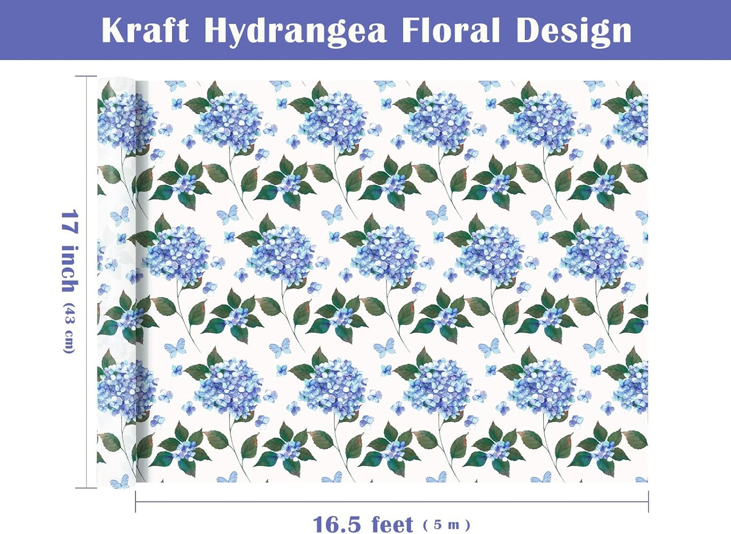 WRAPAHOLIC Kraft Hydrangea Floral Wrapping Paper Roll - Mini Roll - 17 Inch x 16.5 Feet - Hydrangea Flower Wrapping Paper for Wedding, Birthday, Bridal Shower, Tea Party
