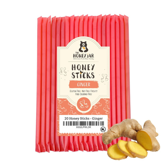 The Honey Jar Ginger Flavored Honey Sticks - Pure Honey Straws For Tea, Coffee, or a Healthy Treat - One Teaspoon of Flavored Honey Per Stick - Made In The USA with Real Honey - (20 Count)