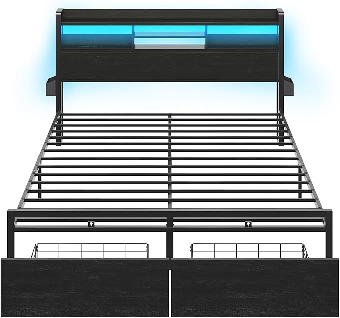 Furnulem King Bed Frame with Wood Headboard & Storage Drawers, Metal Platform - Image 9