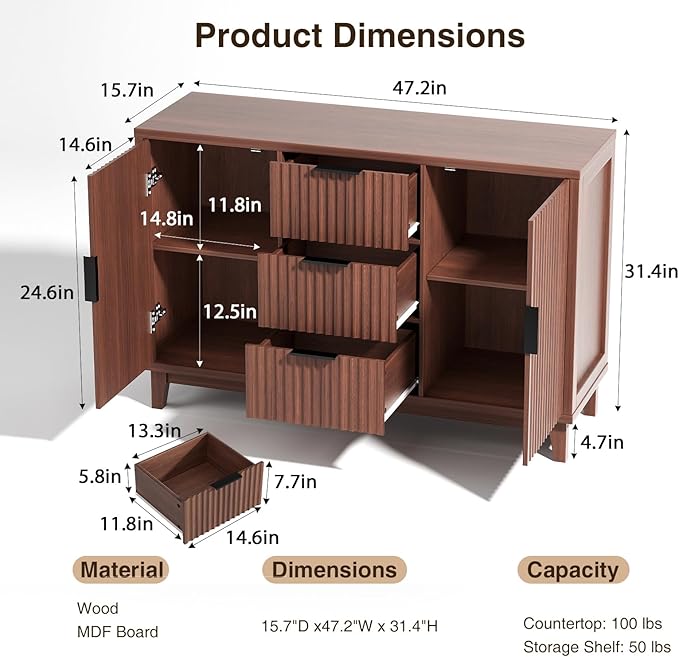 47.2" W Storage Cabinet with 3 Drawers, Fluted Buffet Cabinet with Storage - Image 2