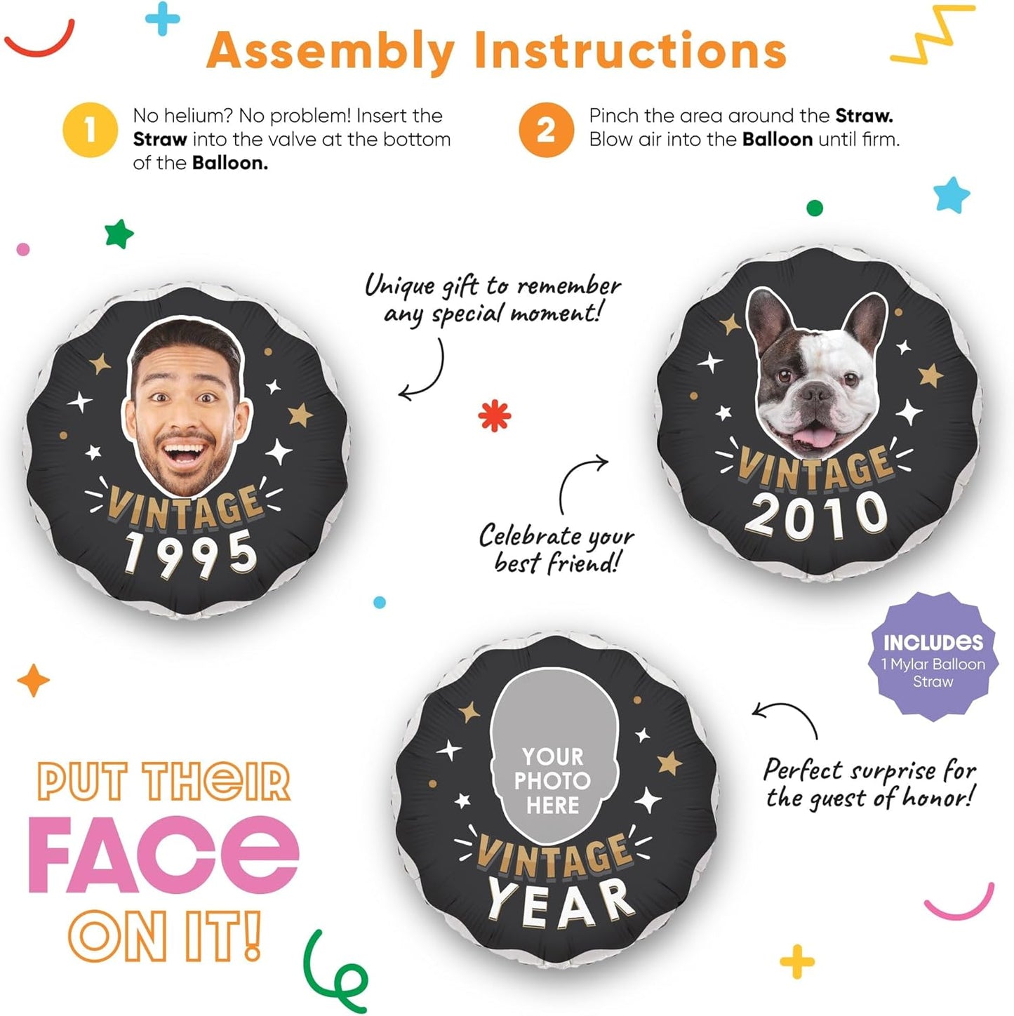 Big Dot of Happiness Personalized Vintage Birthday Photo Balloon, Custom Fun Face Cutout Head, Milestone Birth Year, Black & Gold Party Decoration, Double-Sided Mylar Balloon, 1 Piece