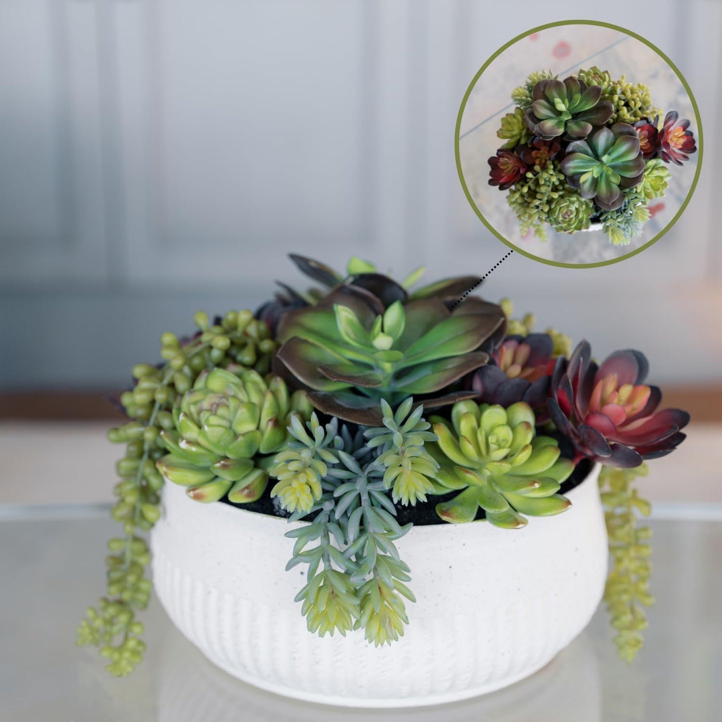 Round Faux Succulent Arrangement, 12" Premium Artificial Indoor Plant Enhances Interior Design, Display on Any Surface in Your Home Adding an Inviting Touch of Nature, White Planter Pot Included