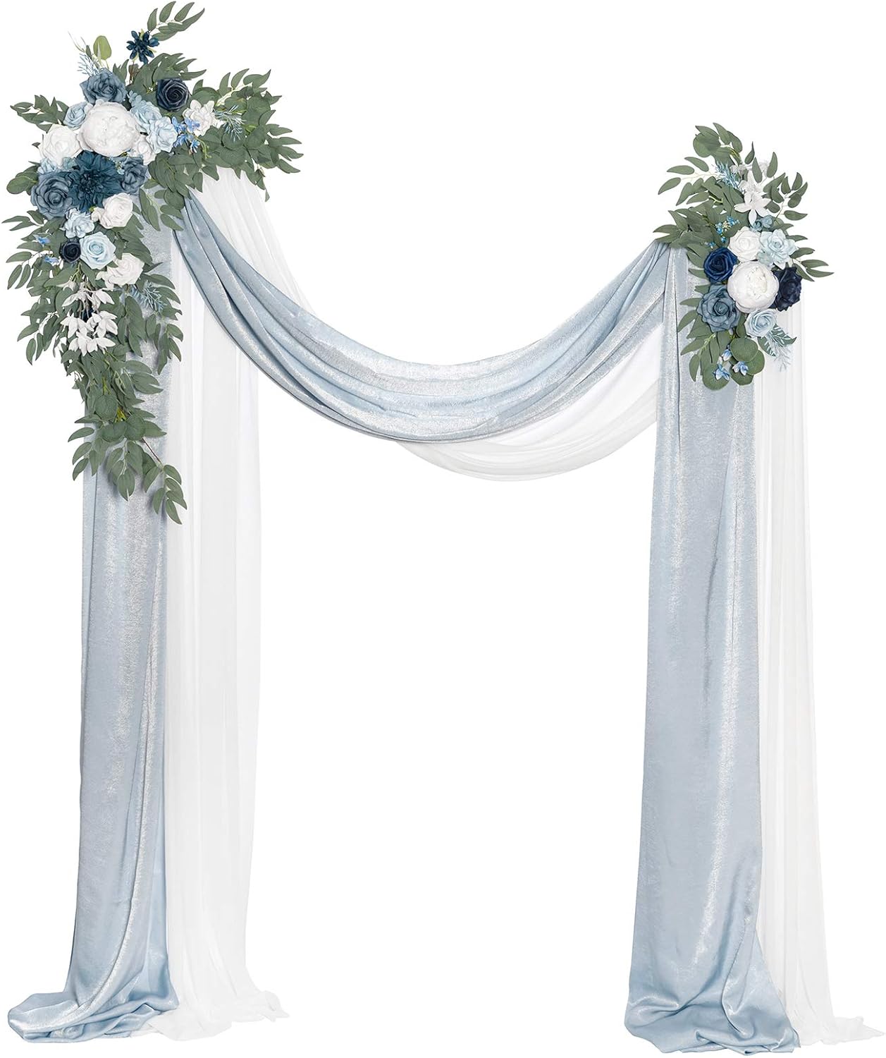Ling's Moment Dusty Blue Artificial Wedding Arch Flowers Kit Pack of 4, 2pcs Hanging Flower Arrangement 2pcs Chiffon Drape Ceremony Spring Fake Silk Rose Arbor Backdrop Floral Swag Outdoor Beach Decor