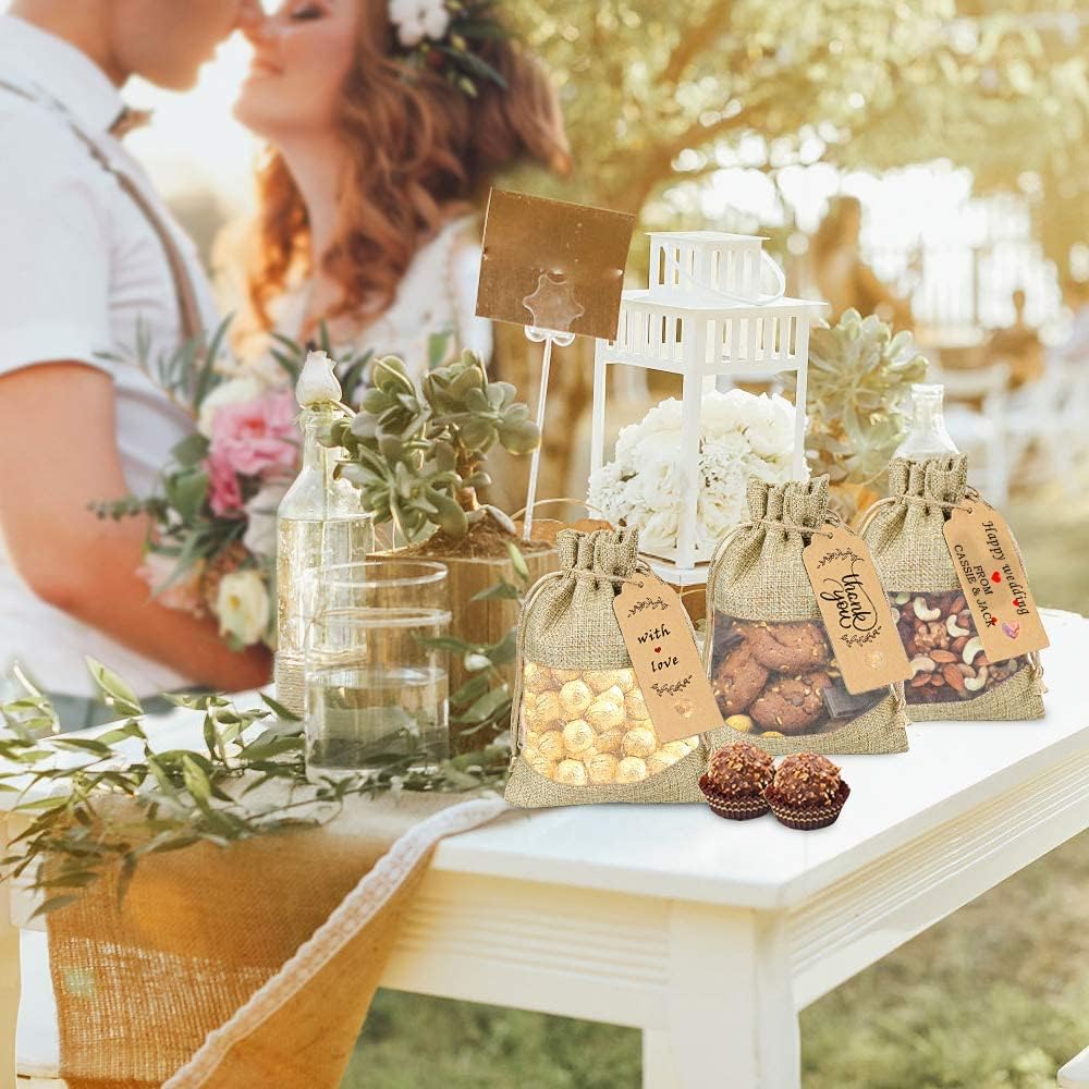 GIOIPC 50Pcs 4 x 6 Inch Linen Burlap Sheer Bags with Drawstring and Bonus Gift Tags for Wedding Birthday Bag,Craft Bags,Cosmetic Samples