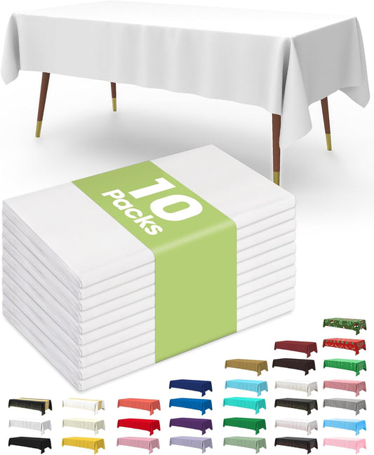 Pureegg Plastic Table Cloth Disposable 10 Pack, 54 x 108 Inch Table Cloths, Party, Picnic, Wedding, Decorative Tablecloths, Rectangle, White Plastic Cover, Leakproof & Sturdy, White