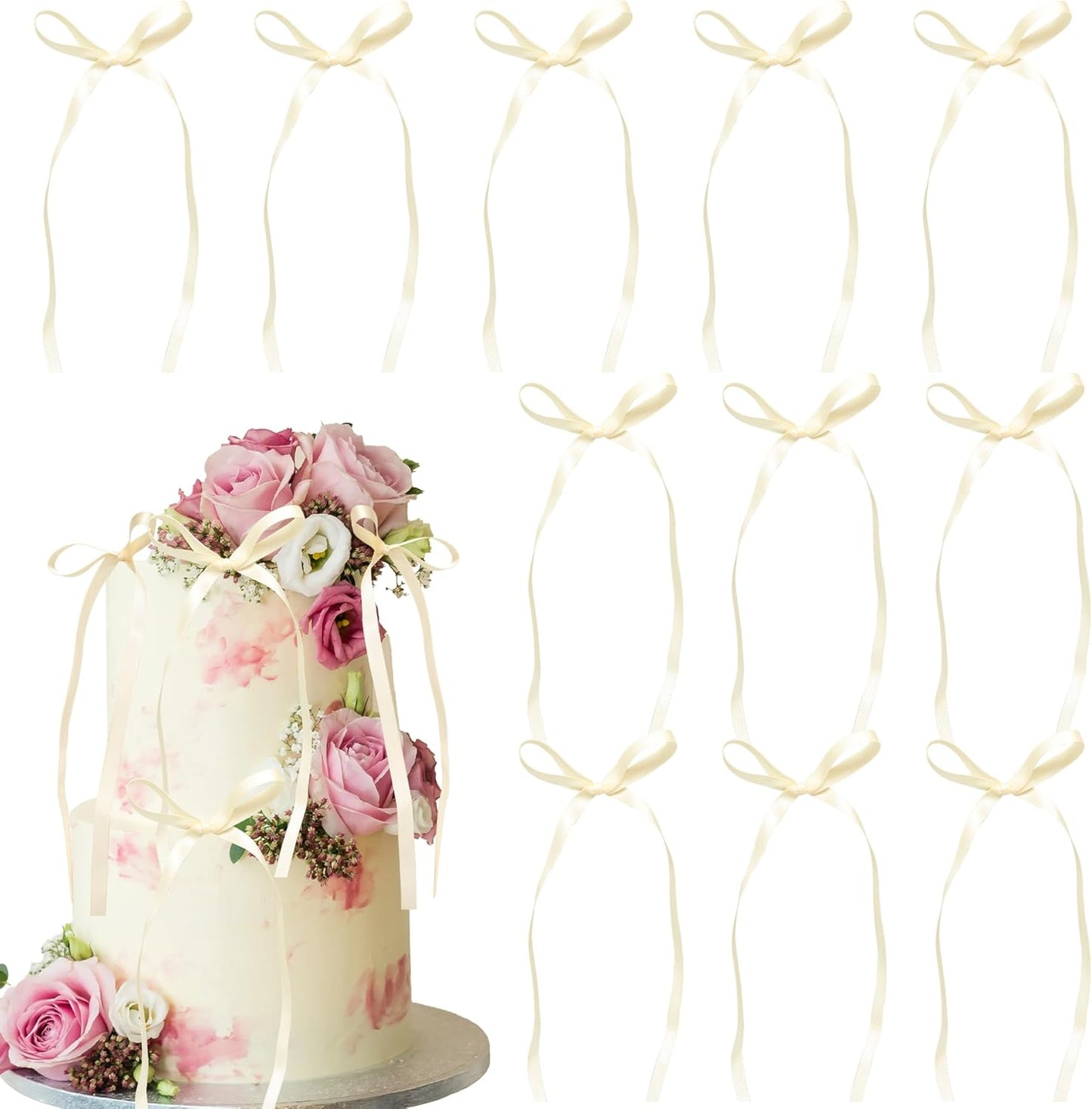 Ephlyn 30Pcs Bow Cupcake Toppers Valentine's Bowknot Ribbons Coquette Bow High Footed Cup Balloon Wall Party Decorations Cake Dessert Picks Baby Girl Birthday Wedding Party Supplies Beige