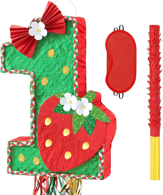 WERNNSAI Berry First Pinata - Sweet One Birthday Party Decorations Strawberry Party Game Number 1 Pinata for Baby Shower Theme Party Favor With Blindfold