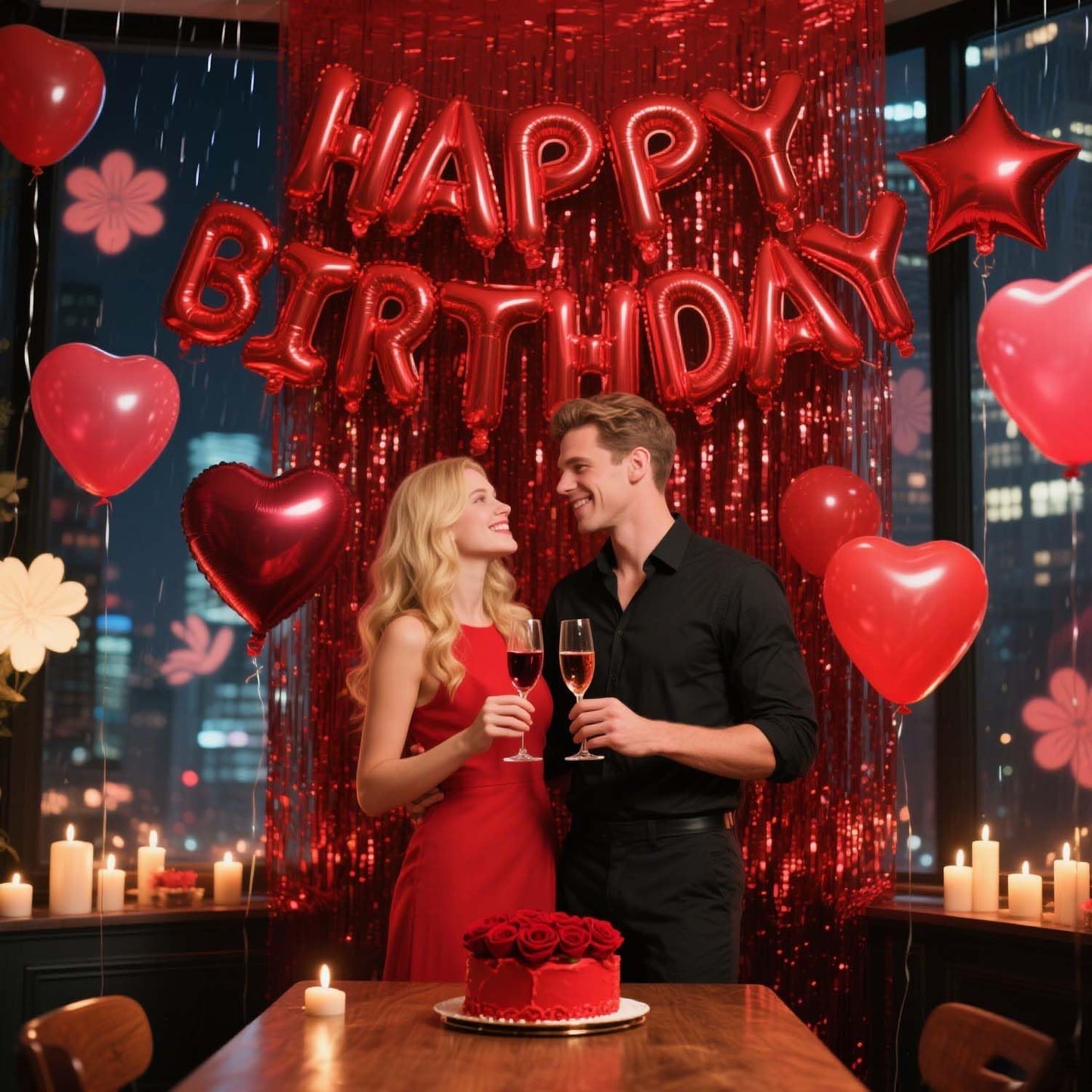 29 Pcs Red Birthday Party Decorations - Happy Birthday Balloons Banner Red, Heart & Star Foil Balloons, Confetti & Latex Balloons, Foil Fringe Curtains Party Supplies for Women