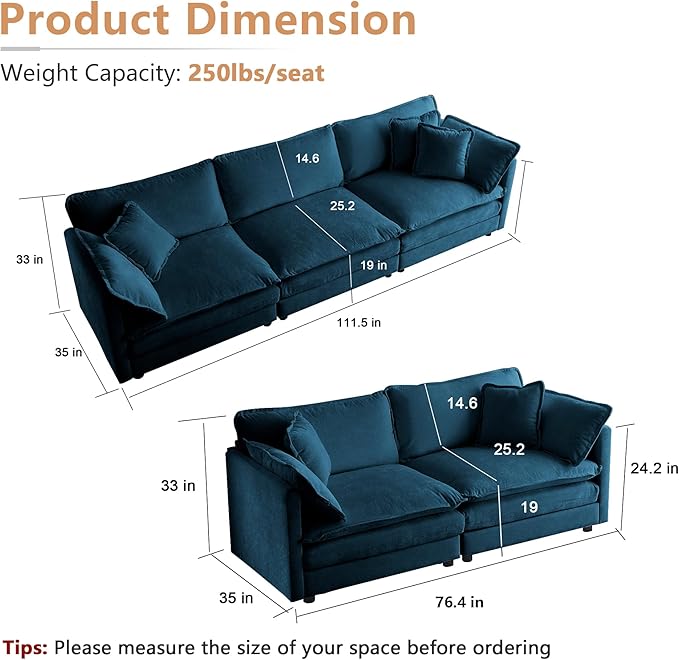mikibama Luxury Oversized 3 Piece Sofa Set, 2 Pieces of 2 Seater and 1 Piece of - Image 2