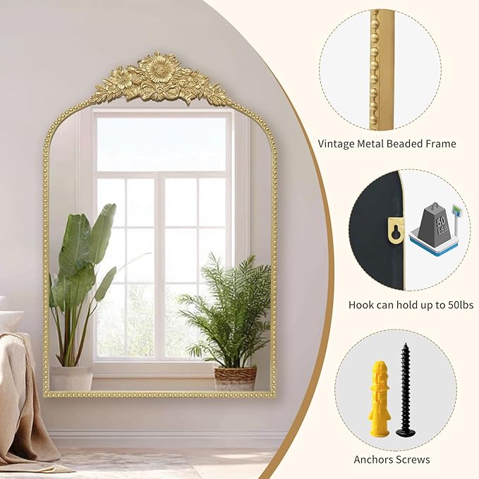 Arch Antique Gold Mirror, 24x36inch Baroque Style Vintage Metal Frame Wall - Image 3