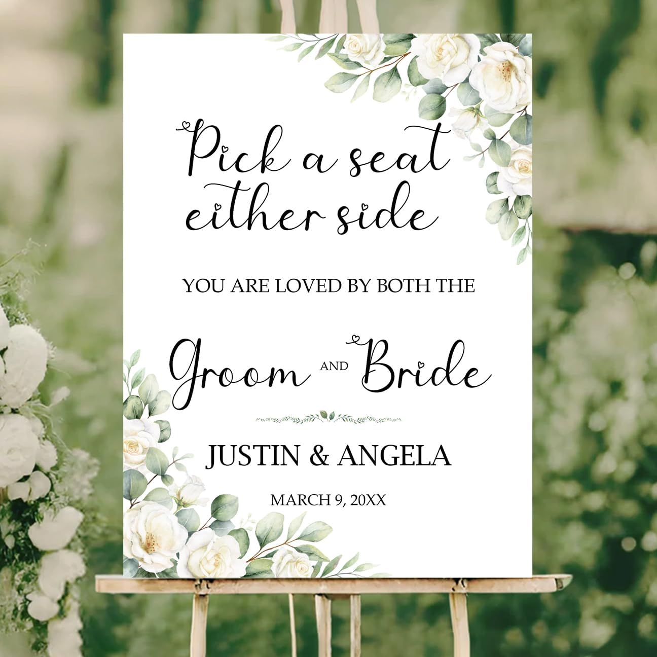 Pick a Seat Either Side Wedding Yard Sign – Custom Floral White Green Ceremony Sign – Acrylic or Corrugated Board
