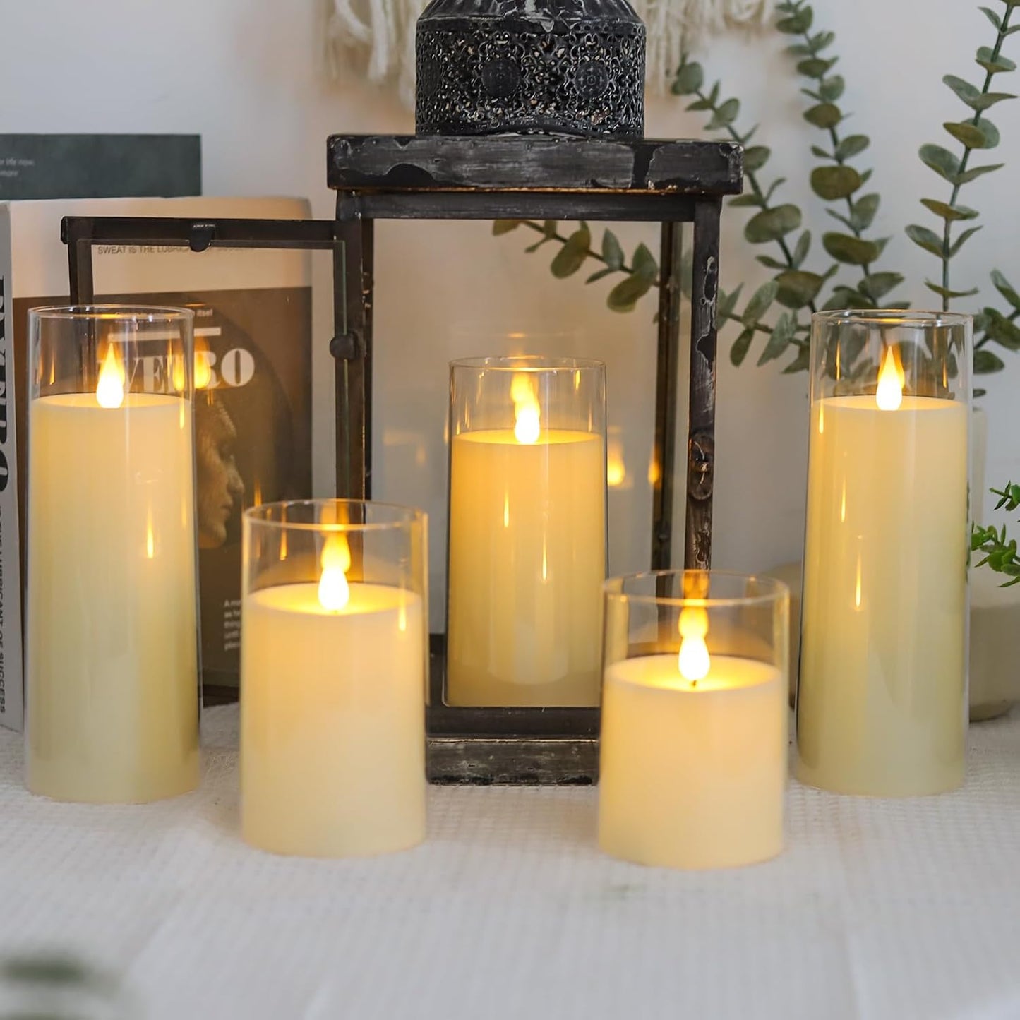 Fo32won Ivory White LED Flameless Pillar Candles Battery Operated with Remote and Timer, Pack of 5 (D 3"×H 4" 5" 6" 8" 8") Decorative Plexiglass Flickering Candles with 3D Flame