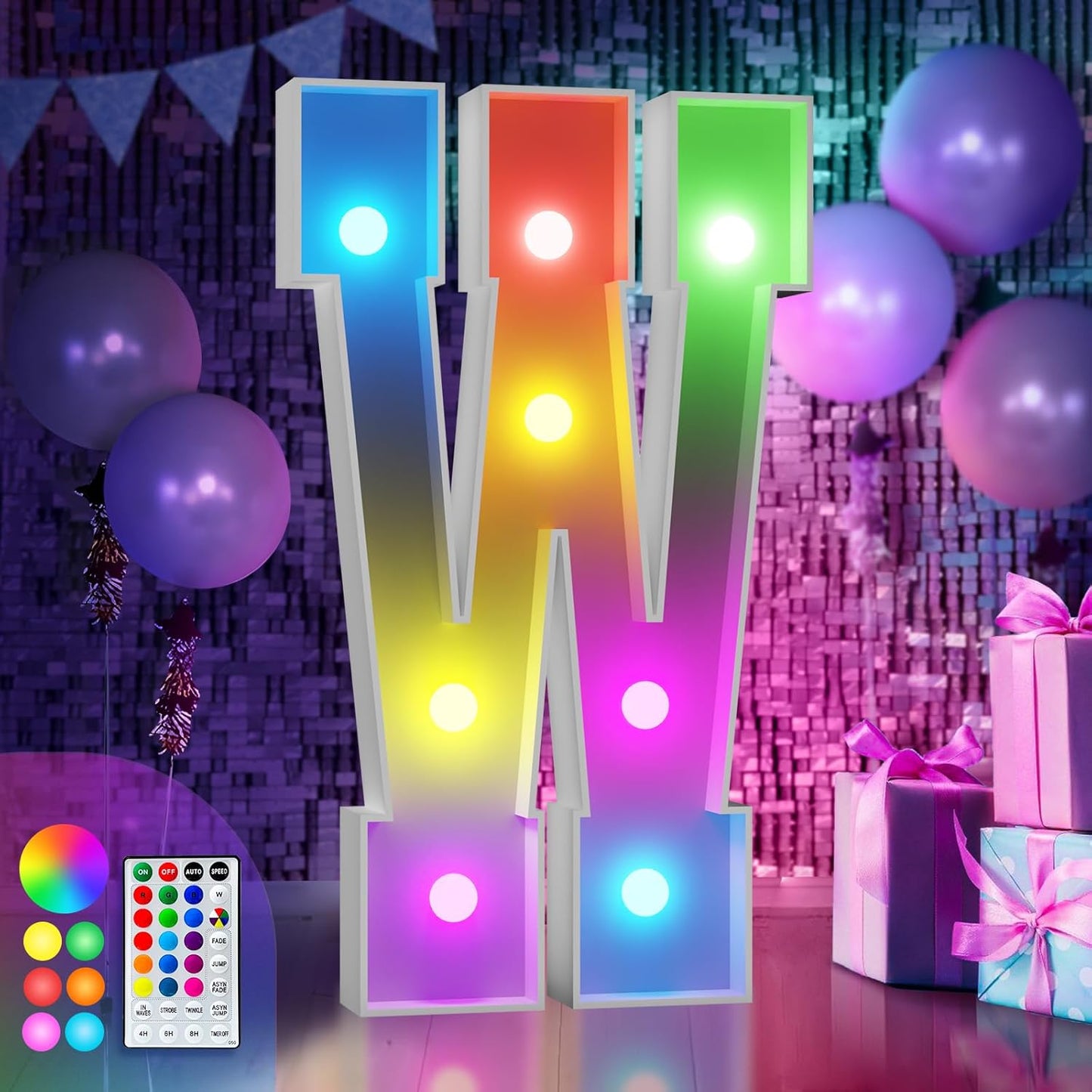 Imprsv 3FT Colorful Marquee Light Up Letters W, 18 Color Light Up Alphabet Sign with Remote, Baby Shower, Birthday Engagement Wedding Party Decor
