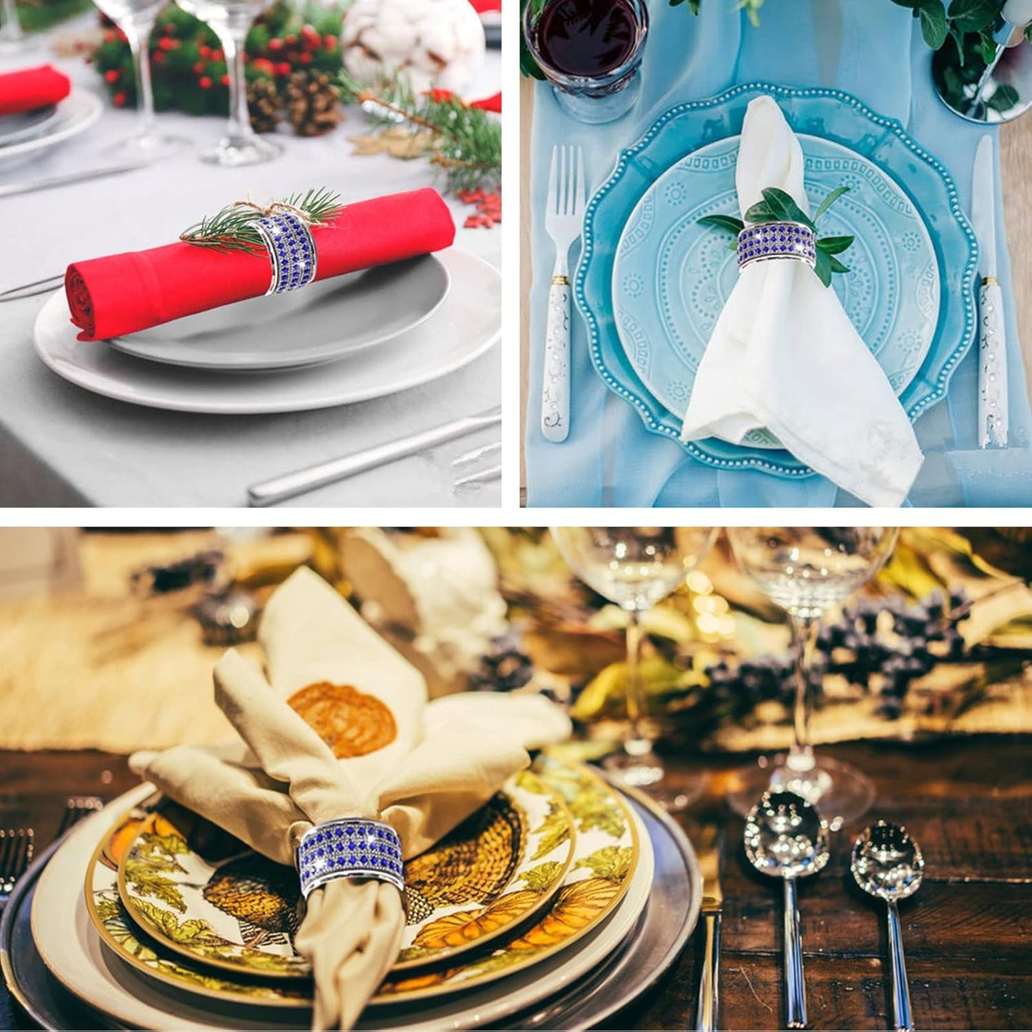 Rhinestone Napkin Ring Diamond Napkin Rings Stainless Steel Blue Crystal Napkin Holder Set of 12 for Dinner, Wedding, Party, Holiday, Banquet,Everyday Table Setting Home Decor