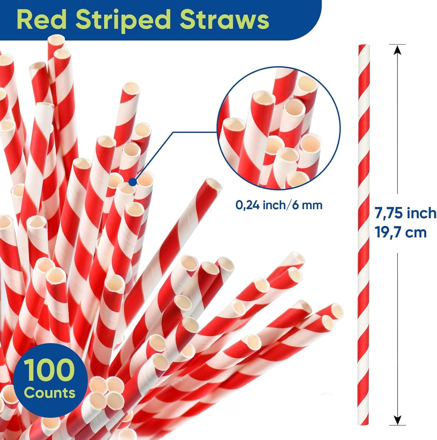 Disposable 7.75 inch Red White Striped Paper Straws Biodegradable 100 Counts - for Drinking, Cocktail, Decoration, Party, Crafts