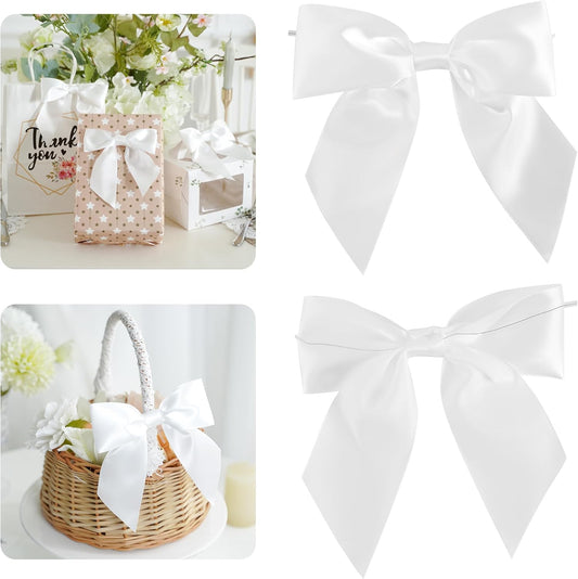 AIMUDI White Satin Bows 5.5" Bows for Gift Wrapping Satin Twist Tie Bows Premade Ribbon Bows for Treat Bags Invitations Baskets Crafts Wreaths Wedding Birthday Baby Shower Party Decorations, 24 PCs