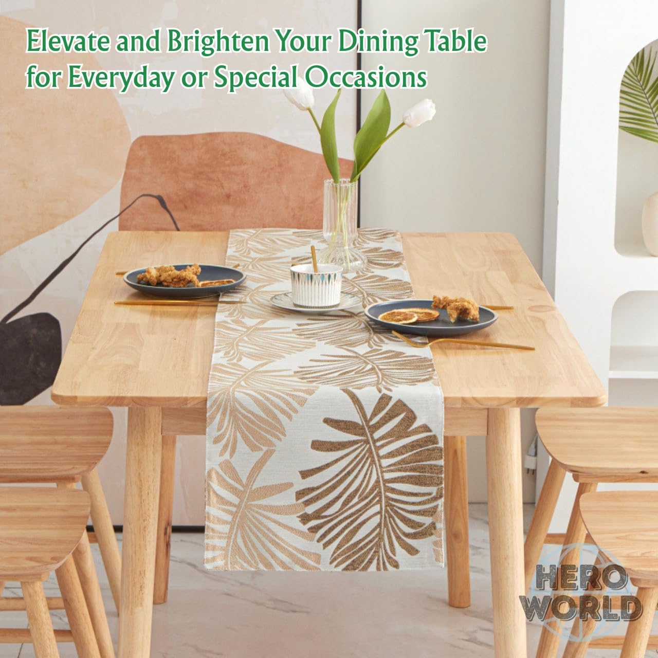 Monstera Leaf Table Runner – Elegant Fabric Table Centerpiece, Machine Washable, Gold or Green, 71"/83"/94" Length, 13" Width (Green/71)