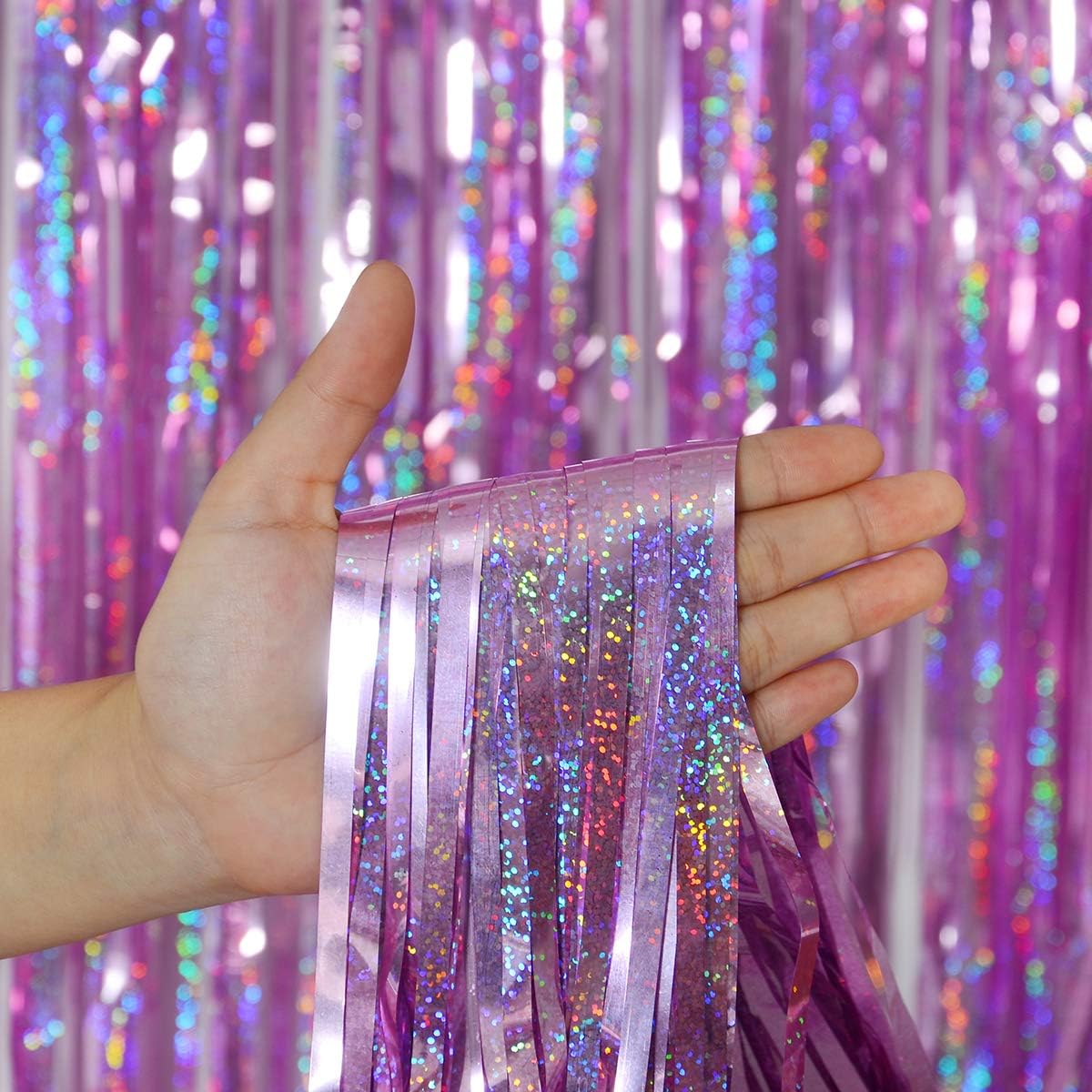 Melsan 3 Pack 3.2 x 8.2 ft Sparkling Pinkish Purple Tinsel Fringe Curtain Backdrop Glitter Decor for Birthdays, Bachelorette, Weddings, Photo Booth | Reusable Princess & Y2K Party Backdrop