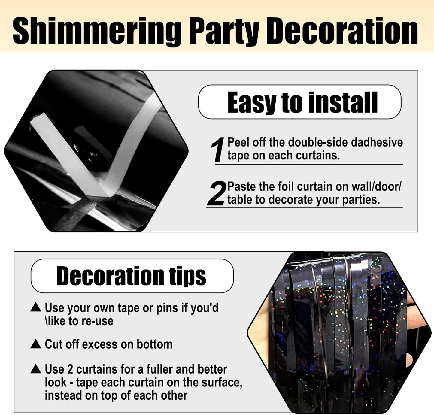 3 Pack Black Foil Fringe Curtain Backdrop, 3.28Ft x 8.2Ft Metallic Tinsel Foil Fringe Streamer Curtains for Photo Booth, Mother's Day, Easter, Birthday, Wedding Party Decorations