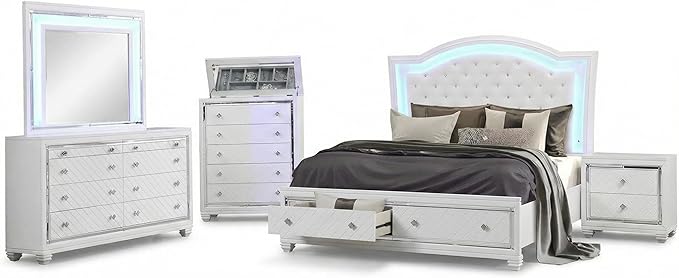 First of a Kind Shiney Contemporary 5 Piece Queen Bedroom Set High Gloss White - Image 2