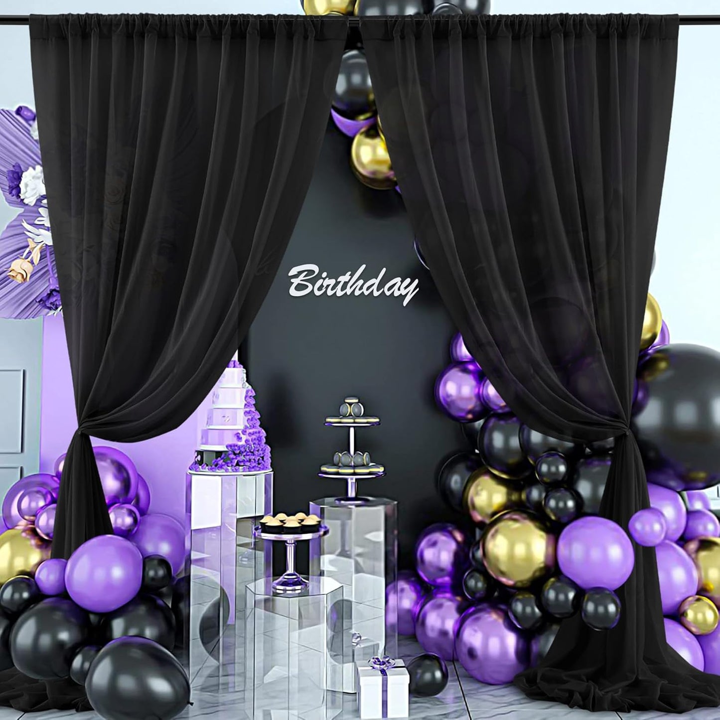 PARTISKY 10ftx10ft Black Chiffon Sheer Backdrop Curtains, Wrinkle-Free Wedding Backdrop Drapes for Birthday Party Ceremony Arch Stage Decor Background for Photography 5ft x 10ft,2 Panels