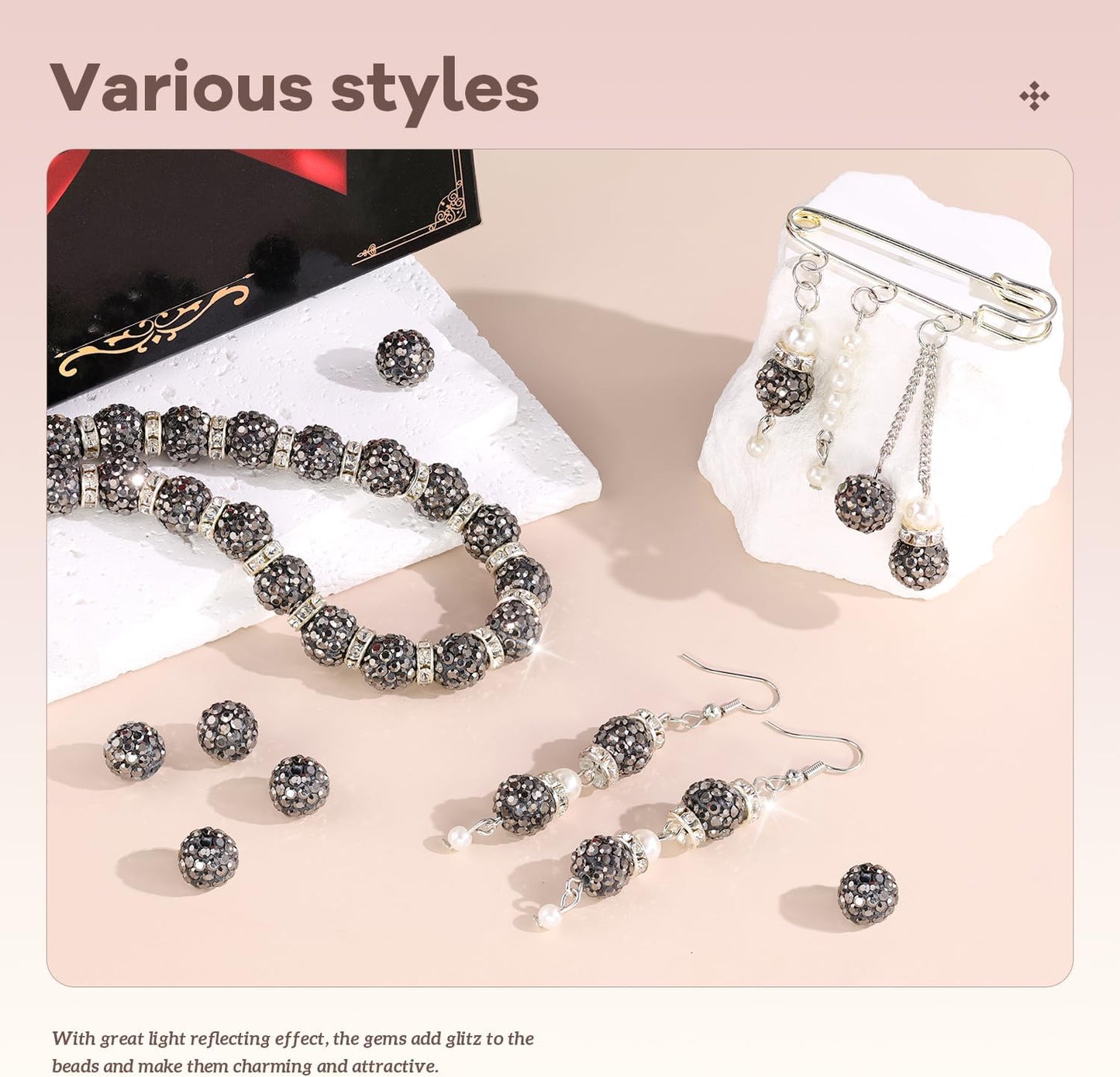 105pcs 10mm Rhinestone Beads for Jewelry Making, Hematite Shiny Round Disco Ball Beads Bulk, Sparkle Crystal Clay Christmas for Bracelet Baseball Necklace Earring Crafting and DIY