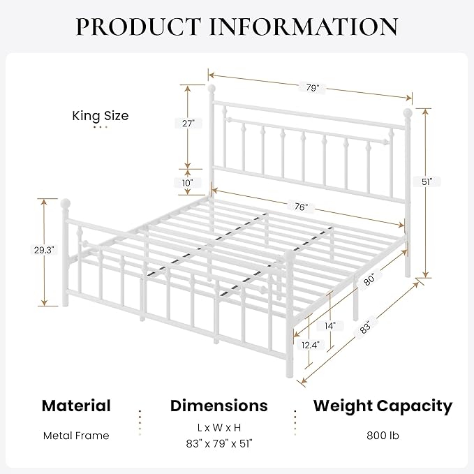 SHA CERLIN 14" King Size Metal Platform Bed Frame/Victorian Headboard and - Image 2